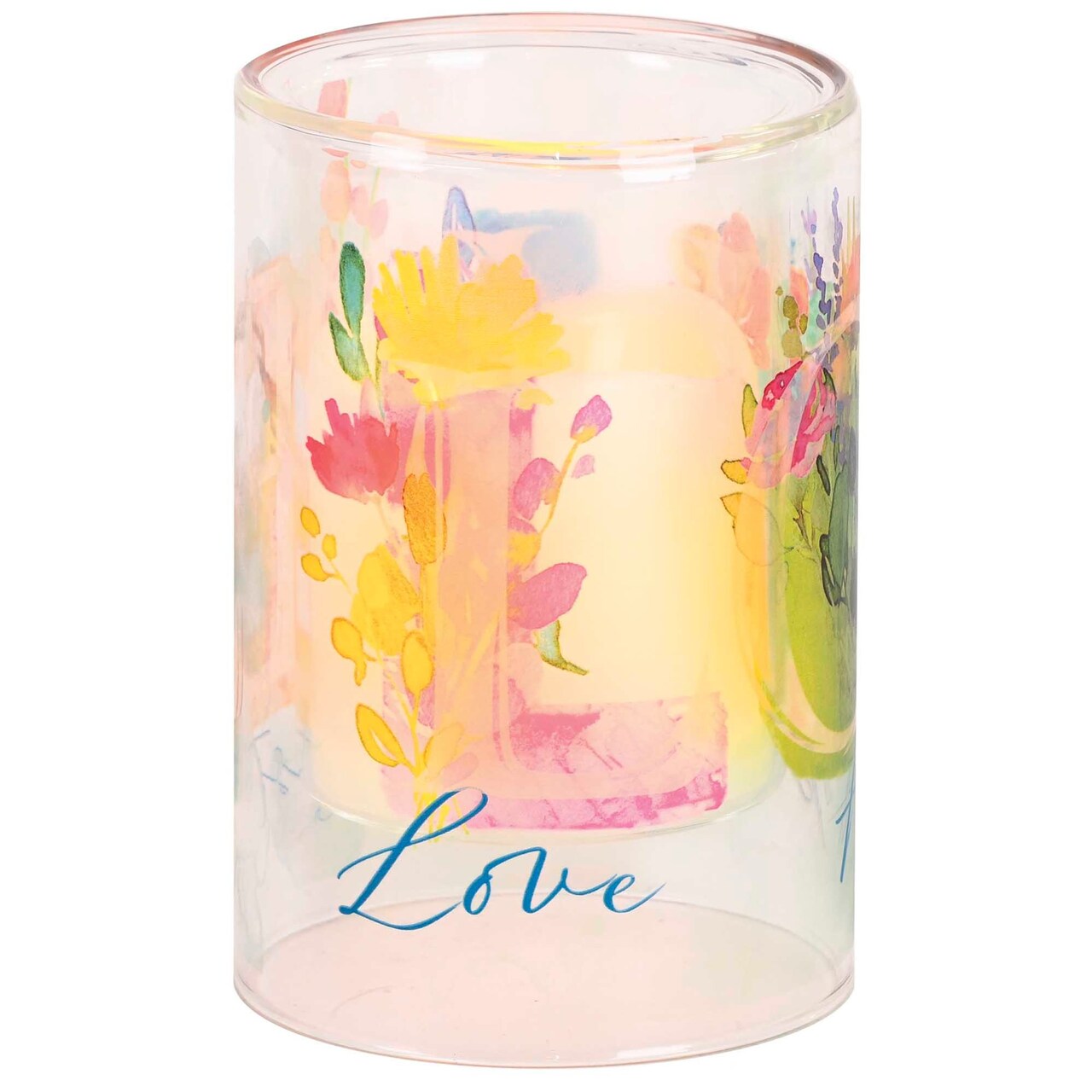 Edge Collection - 6" - Multicolor - Floral Glass Candleholder with Inspirational Words - 1 Piece